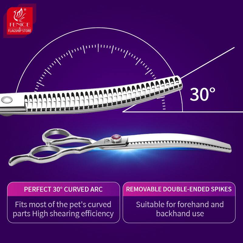 Fenice Professional Pet Grooming Tesoura 7.5 inch JP440C Reverse Blade Curved Chunker Thinning Scissors for Puppy/Medium Dogs