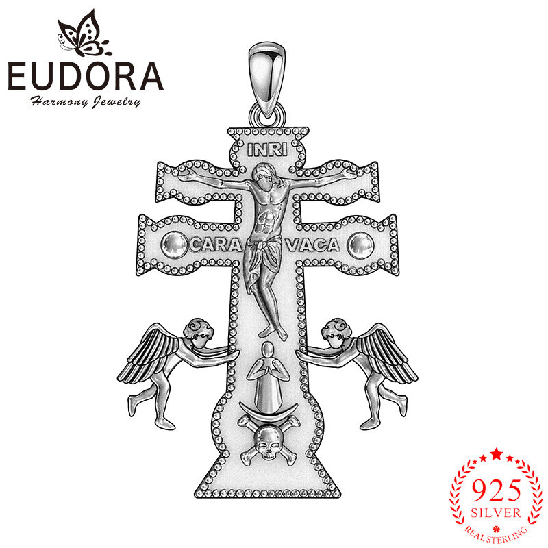 Caravaca biżuteria z krzyżykami Eudora 925 srebro krzyż naszyjnik dla mężczyzny kobieta anioł Christian wisiorek podkreślający osobowość bankietowe na prezent