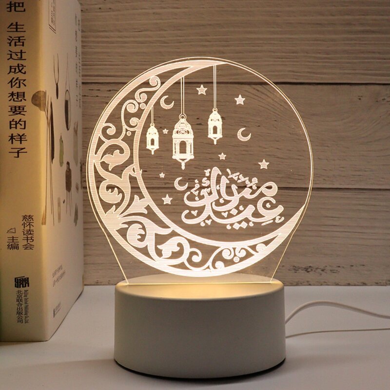 USB Acrylic Night Light Gift Eid Mubarak 2024 3D LED Light Moon Castle Ramadan Festival Ornaments Party Supplies