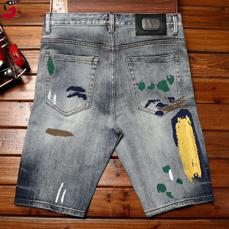 Shorts jeans de alta qualidade e moda masculina, estilo locomotiva, elástico, fino, na moda, verão, rasgado, calças cortadas