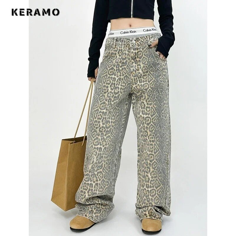 Women's Casual Wide Leg Pant American Retro Leopard Print Jean Pants Y2K Trendy Hip-hop Baggy High Waist Straight Pants 2024