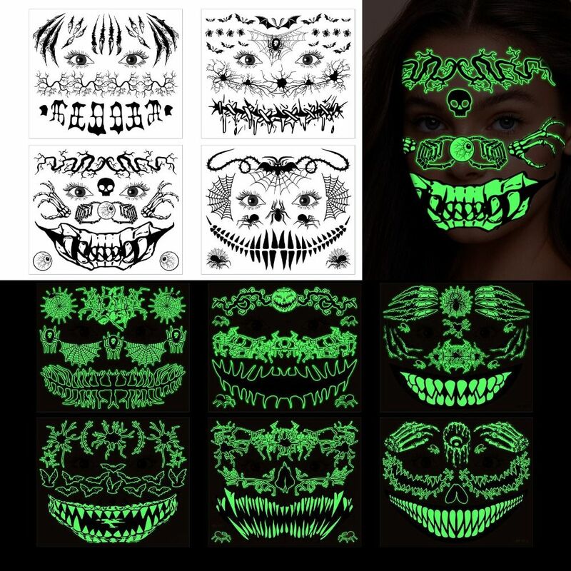 Luminous Halloween Tattoo Sticker, Transferência de água Adesivos, Scary Body Art, Decalques do partido, Brilho Boca, Brilho, Calçada, Brilho