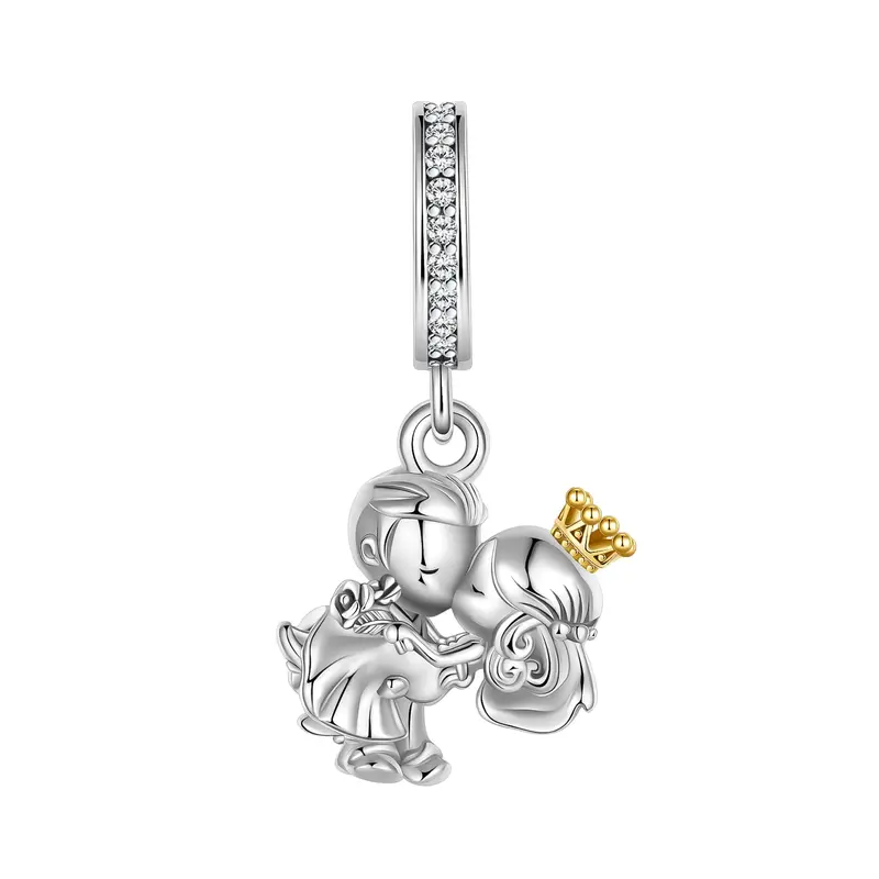 925 srebrna księżniczka para pocałunek wisiorek z koroną urok pasuje do oryginalnych Pandora Charms bransoletki kobiety DIY biżuteria prezent