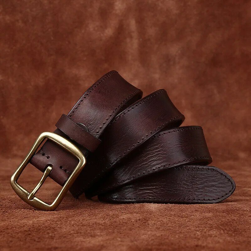 3.3CM Cow Leather Thicken Men's Belt Classic Fashion Brass Buckle Design Vintage Youth Jeans Decorative High Quality New Belt