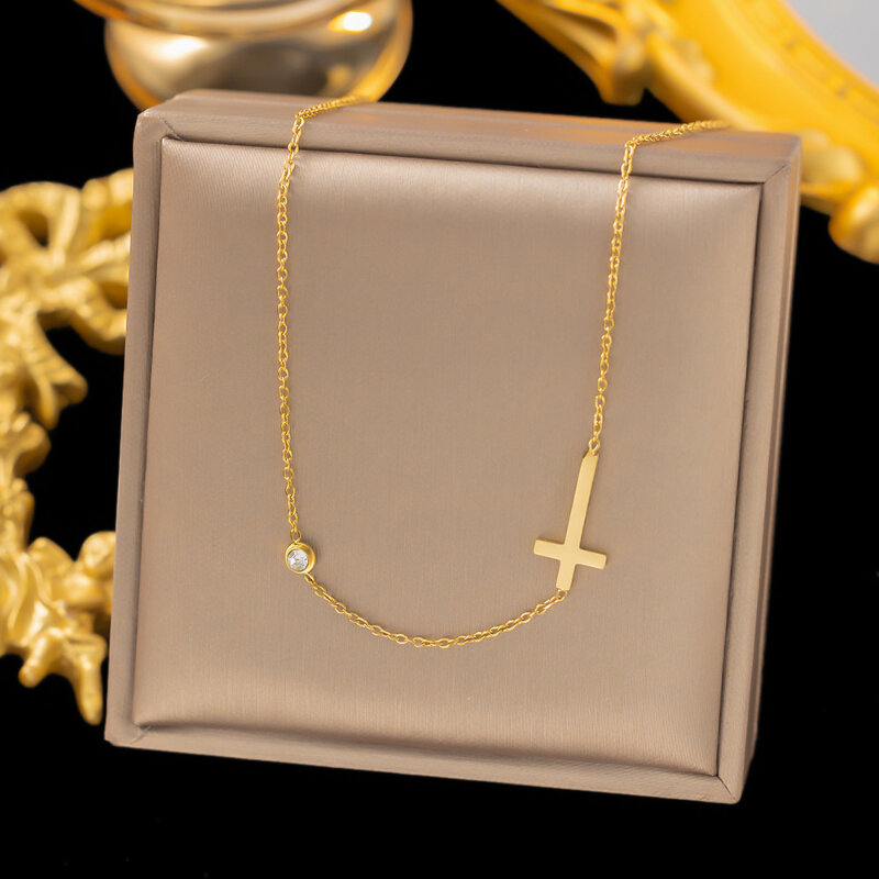 Exquisite Side Cross Pendant Necklace Gold Stainless Steel Choker Necklace Women's Christian Faith Jewelry