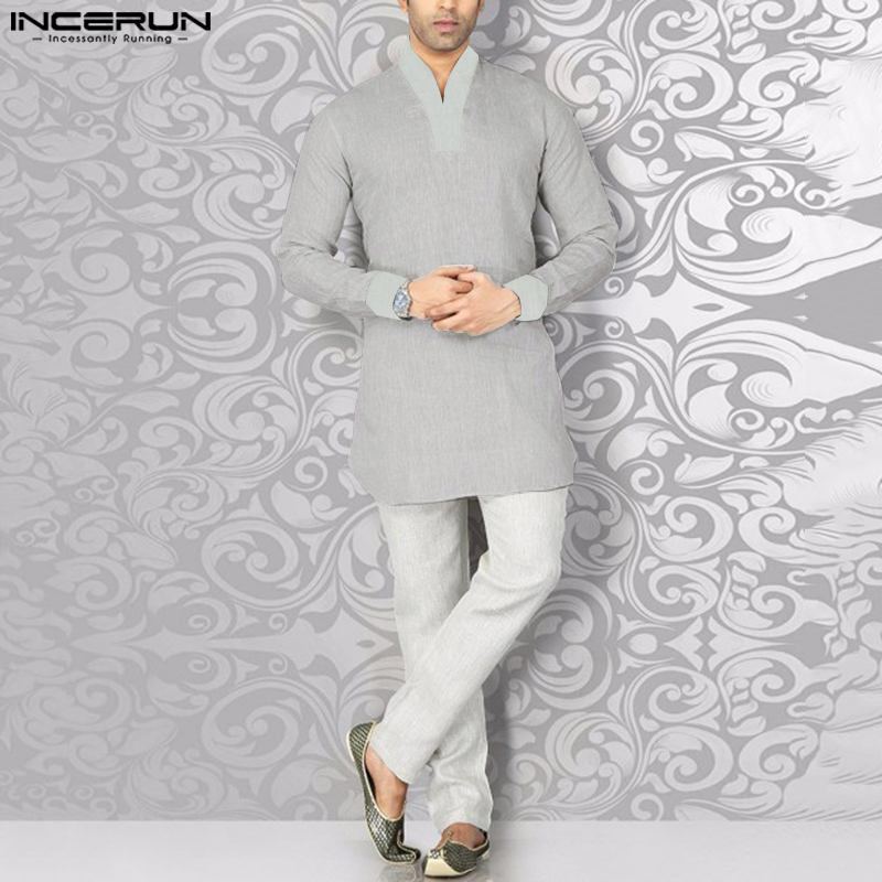 INCERUN-camisas de mangas compridas masculinas, design de patchwork dupla cor, gola em pé, tops novos, estilo muçulmano, venda quente, S-5XL, 2023