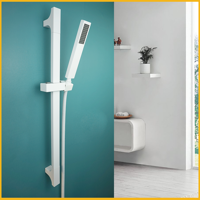 Shower Lift Rod Baja Tahan Karat Dinding Set Slide Dapat Disesuaikan Kepala Semprotan Genggam Persegi Panjang Kuningan Putih Sederhana