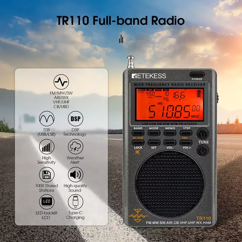 Retekess TR110 Radio portatile a onde corte SSB FM MW SW LSB AIR CB VHF UHF Full Band NOAA Alert ricevitore Radio digitale