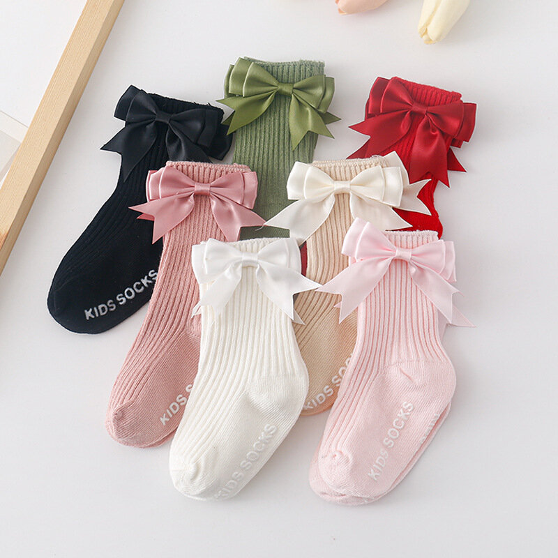 Newborn Baby Girl Floor Socks Letter Pattern Bowknot Non Slip Toddler Walking Socks Crew Socks for Kids Infant