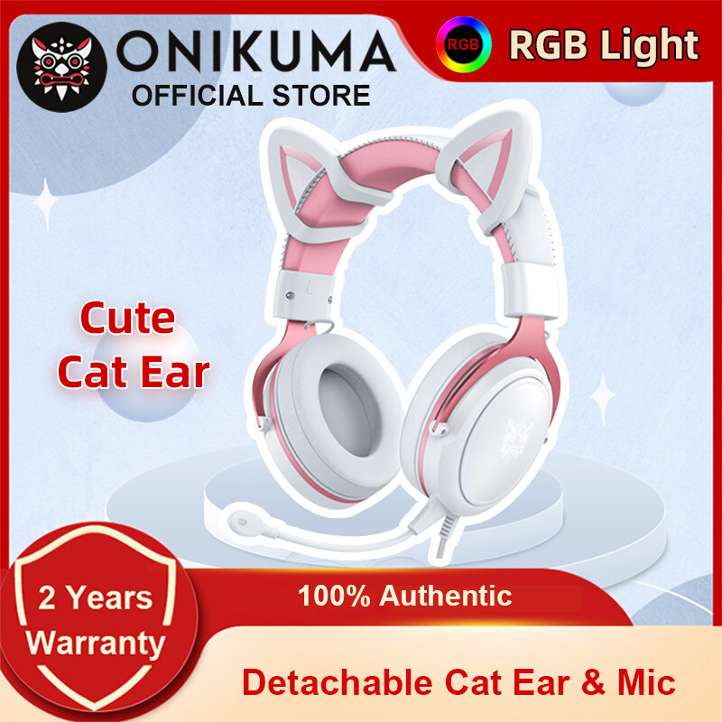ONIKUMA-Casque de jeu X10 avec poignées amovibles, oreille de chat mignonne, éclairage RBG, casque de jeu, écouteur gamer avec micro HD pour PC Gaming