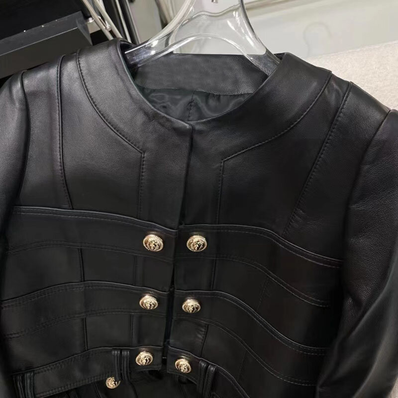 2023High Quality Genuine Leather Jacket Women Coat Spring  New Fashion Ultra-Short Length O-Neck Collar Lattice Decoration
