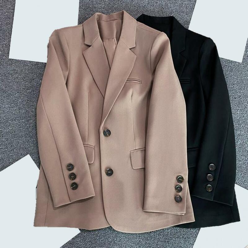 Casaco de blazer casual feminino, lapela, manga longa, bolsos com aba, peito único, jaqueta monocromática, outwear de trabalho