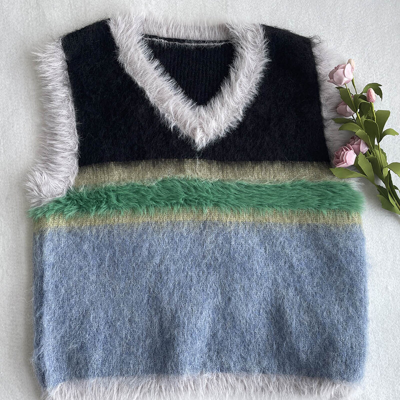 Women Color Block Vintage V-Neck Sweater Vest 2023 Fall Winter Korean Fashion New in Knit Niche Design Spliced Loose Tops