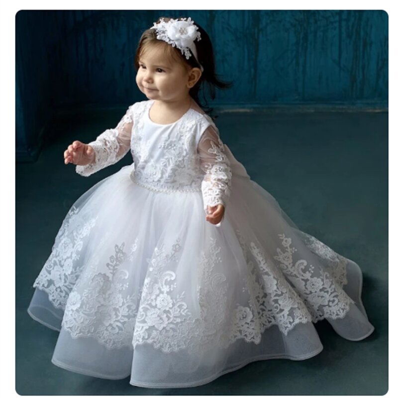Laço branco Tulle Full Sleeve Puffy Dress para meninas, florista, casamento, festa de aniversário infantil, concurso, primeira comunhão, vestidos de baile