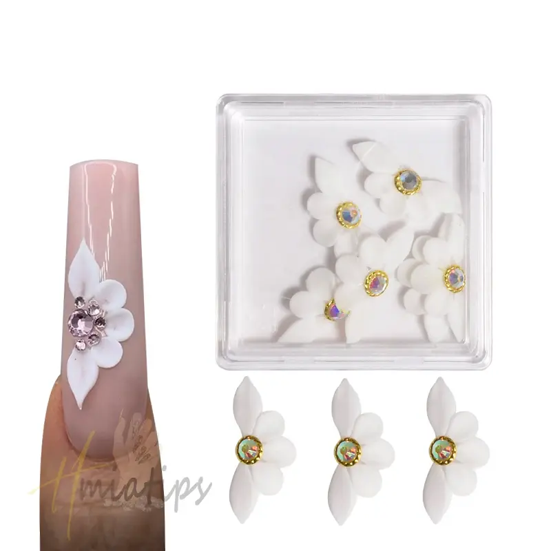 Handmade Kawaii Nail Art Adesivos, Acrílico Decoração Flor Branca, Charme Adesivos, 3D, 1 Caixa