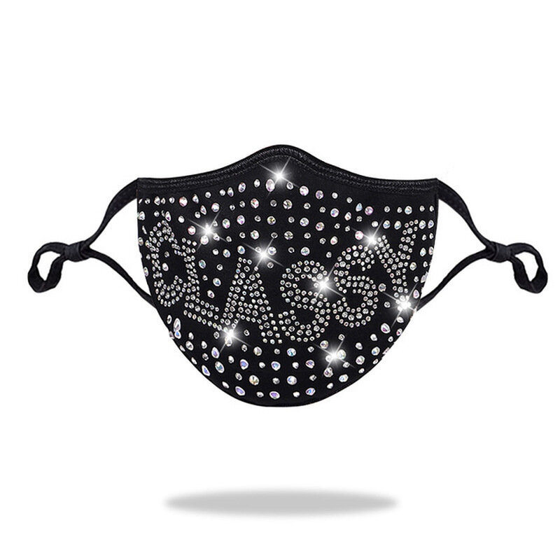 Maschera antipolvere con strass in puro cotone con maschera in tessuto diamantato può essere inserita con filtro maschera per l'orecchio appesa nera