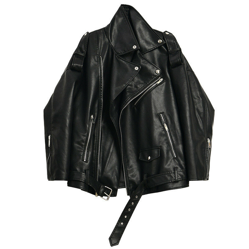 UHYTGF PU Leather Jacket Women Long Sleeve Lapel Loose Female Jackets 2023 Autumn Winter Street Fashion Moto Biker Lady Coat 435