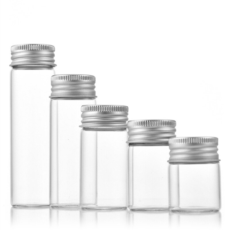 Przezroczyste szklane butelki aluminiowy kapsel puste buteleczki na próbki Organizer do przechowywania fiolek wielokrotnego użytku pojemniki puszki na żywność 10/20/30/40/50ml