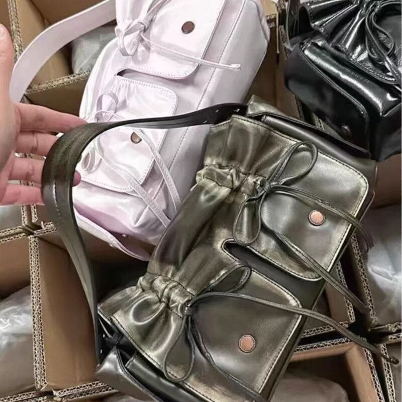 Tas tangan tali serut Fashion wanita, tas selempang bahu kulit Pu Retro bertali serut Y2K banyak saku tas Motor 2024