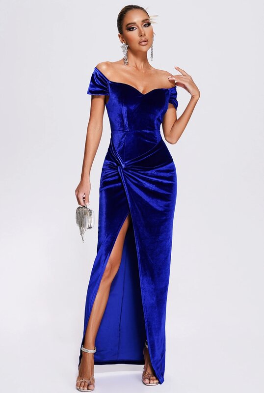 Элегантное бархатное длинное платье для торжественных случаев, женское вечернее платье с открытыми плечами и высоким разрезом, женское сексуальное облегающее платье макси для выпускного вечера