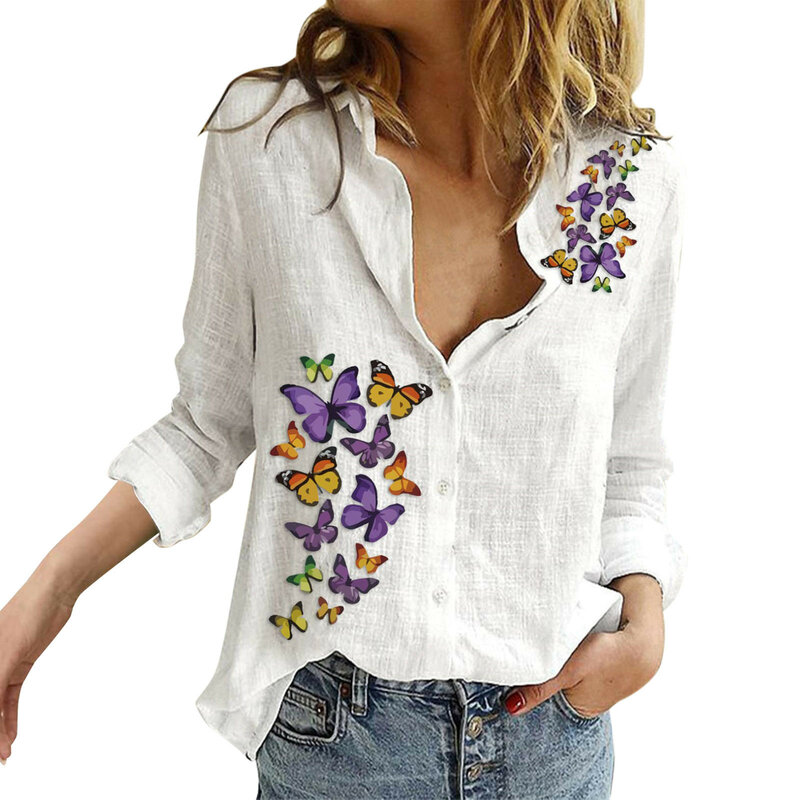 Рубашка женская из хлопка и льна, элегантная повседневная блузка с принтом бабочки, на пуговицах, с лацканами, Свободный Топ с длинным рукавом, туника, на лето