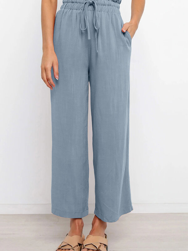 Pantalones casuales de pierna recta de cintura alta sueltos simples de algodón y lino