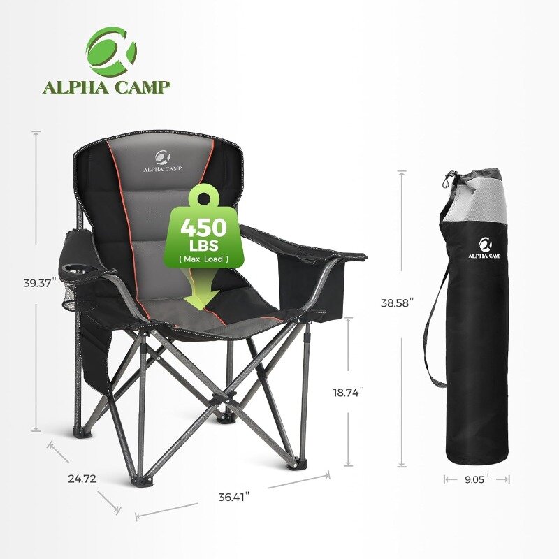 ALPHA CAMP 대형 캠핑 접이식 의자, 헤비 듀티 지지대 450 LBS 스틸 프레임 접이식 패딩 암 의자, 컵 포함