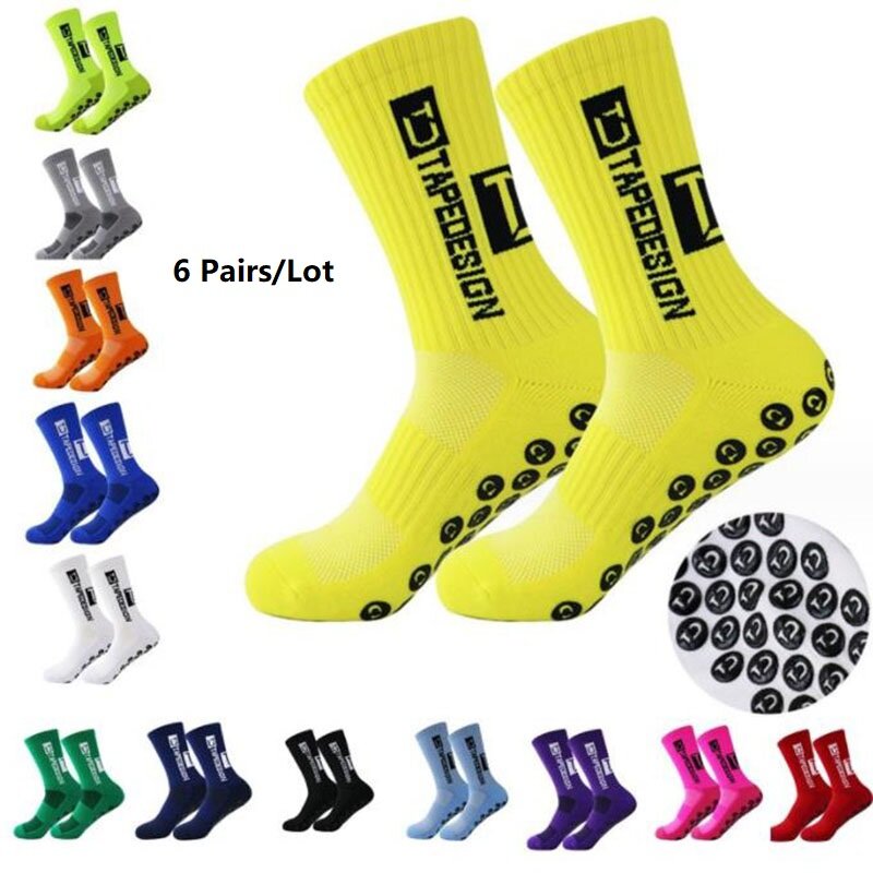 Calcetines de fútbol antideslizantes para hombre y mujer, calcetín deportivo de media pantorrilla, diseño de cinta, EU38-44, 6 pares por lote, novedad de 2024