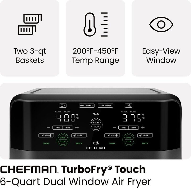 CHEFMAN 6 Quart Dual Basket Air Fryer Oven with Easy View Windows, Sync Finish, Hi-Fry