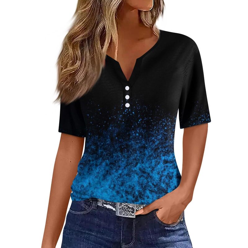 20224 Summer New Women's Sports Short Sleeve Button Polo Shirt Top Pullover Gradient Digital Print Wg19