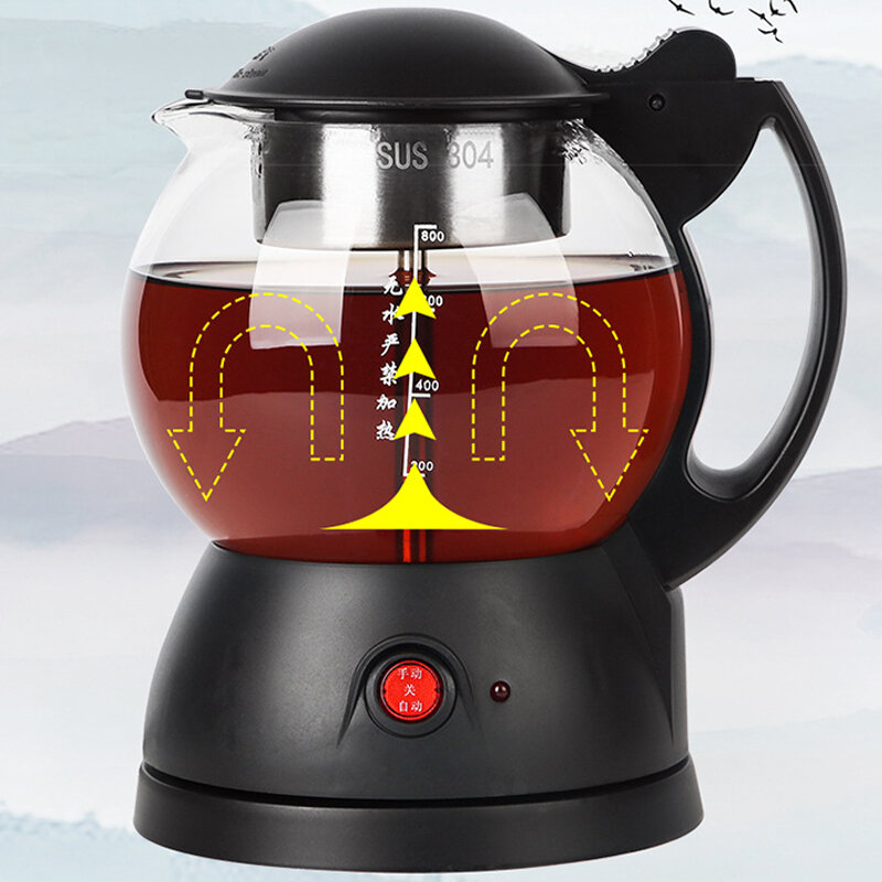 0.8L Black ที่ใช้ในครัวเรือนถ้วยชงชาไอน้ำอัตโนมัติสีดำกาน้ำชาแก้วมัลติฟังก์ชั่ Teko Listrik สุขภาพหม้อต้มกาน้ำชา