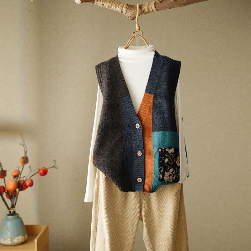 Autumn Women Panelled Vintage Sweaters Vest Button Cardigans Knitted Fashion Sleeveless V-Neck Loose Casual Sweater Coats 2022