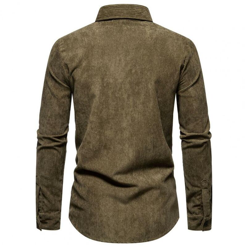Camisa de pana para hombre, camisa Retro de pana, manga larga, solapa informal con bolsillo, vestido ajustado de Color sólido para primavera