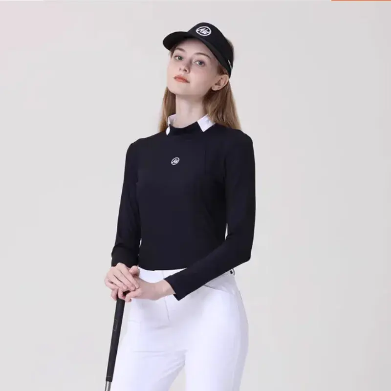 Saia de golfe de cintura alta para mulheres, saia plissada linha A, patchwork manga completa, tops com o pescoço, terno universitário da moda