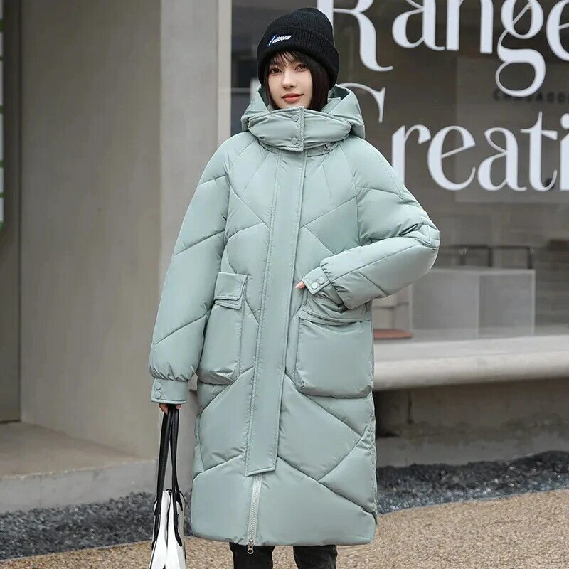 Duża kurtka damska płaszcz ocieplany 2023 zimowa nowa damska luźna puchowa kurtka bawełniana luźna parki z kapturem długi płaszcz