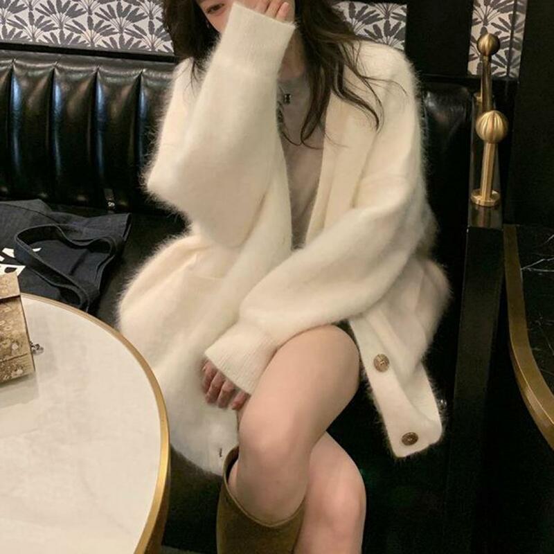Women Loose-fitting Jacket Elegant Women's Knitted Cardigan Coat with V Neck Soft Warm Thick Buttons Long Sleeves for Ladies