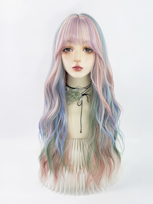 Cos peluca colorida para mujer, flequillo de cabeza completa teñido, pintura de París Lolita rosa y azul degradado de arco iris