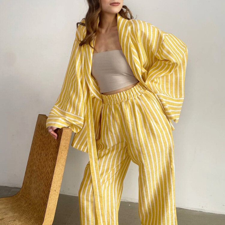Cotton Shirt Shorts Two-piece Set 2024 Summer New Striped Shirt Long Sleeve Loose Casual Suit Women