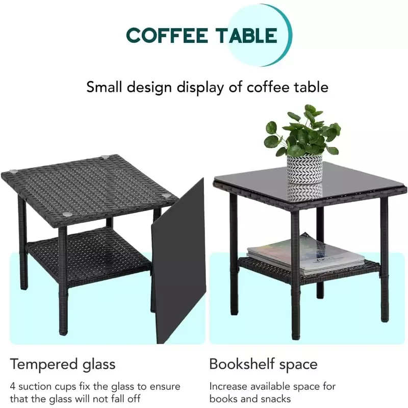 Набор уличной мебели из 3 предметов, стул, мебель для бистро, набор для разговора, 2 плетеных стула с синей обивкой и стеклянным журнальным столиком