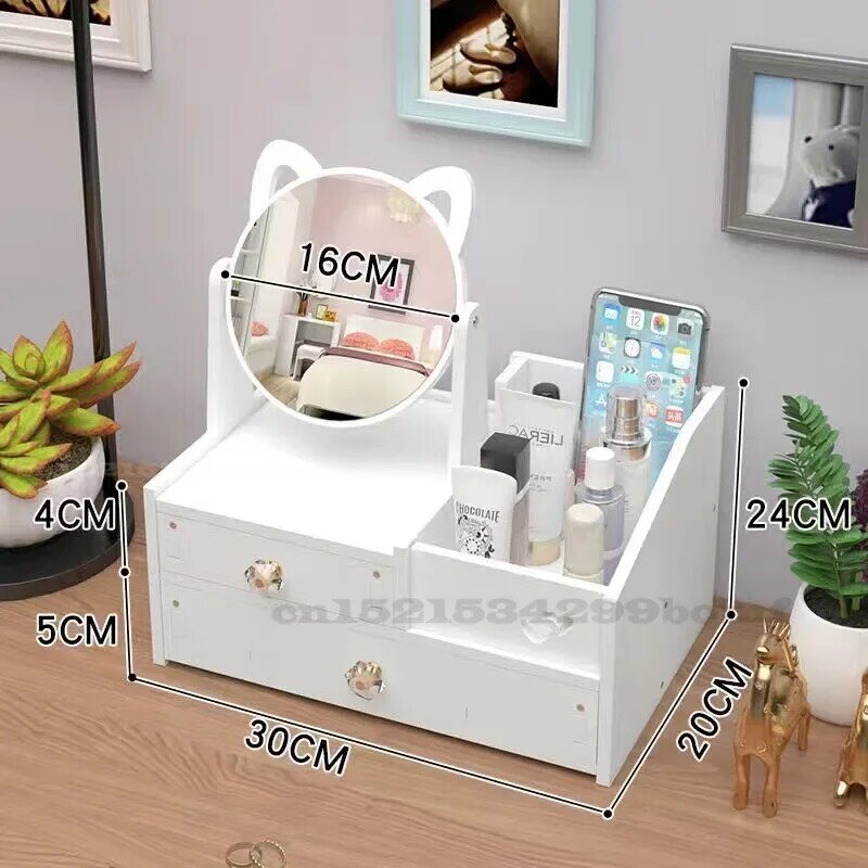 Домашний туалетный столик, комод с милыми котами, зеркало, вращающийся органайзер для макияжа, коробка для хранения лака для ногтей, кистей, ювелирных изделий