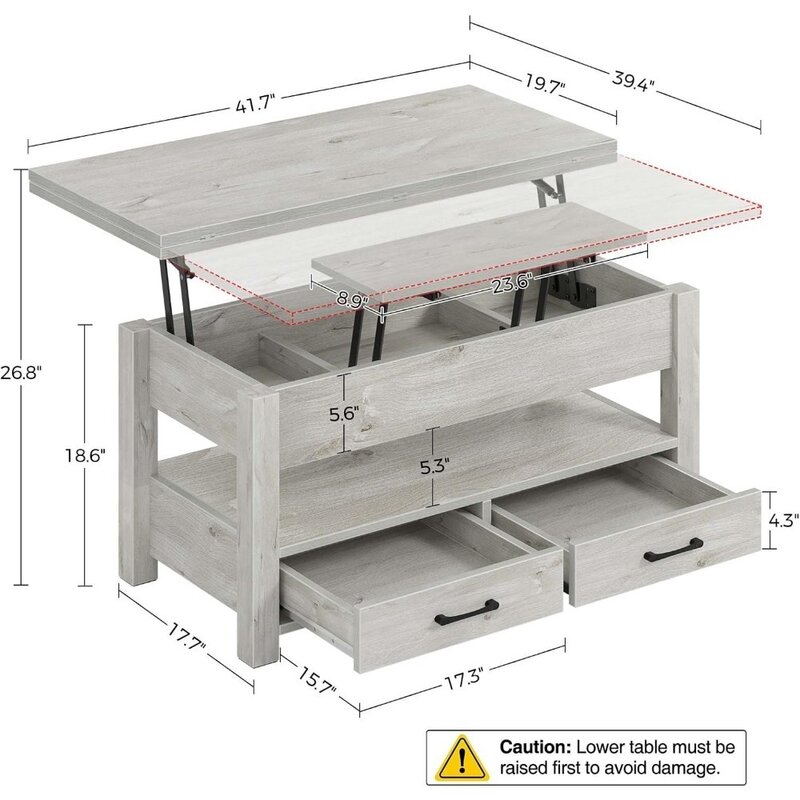 Coffee Table Lift Top, Multi-Function Convertible Coffee Table with Drawers and Hidden Compartment, Coffee Table to Living Room
