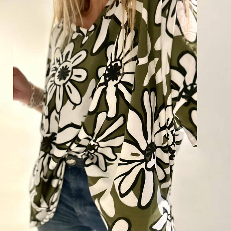 Женская Повседневная Блузка с цветочным принтом, элегантный Свободный Топ с V-образным вырезом, пуловер, уличная одежда с коротким рукавом, блузки в стиле Харадзюку на весну и лето