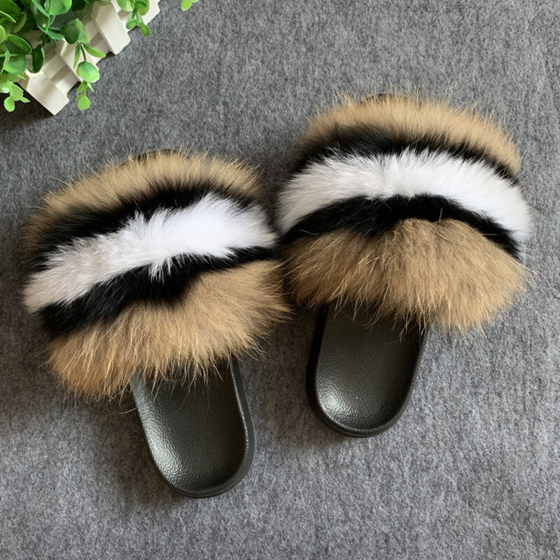 Real Raccoon Fur Slippers Summer Women Luxury Plush Slides Fluffy Ladies Flip Flops Outdoor Flats Fashion Woman Beach Sandals