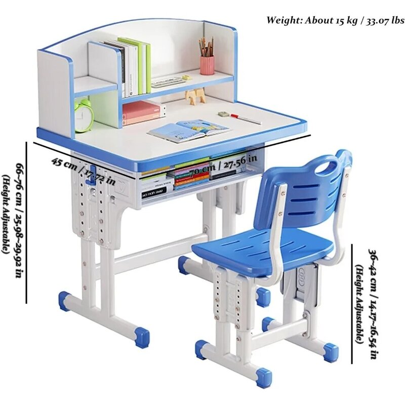 Juego de mesa y silla para niños de altura ajustable, diseño ergonómico, escritorio para niños azul con gran cajón de almacenamiento y estantería