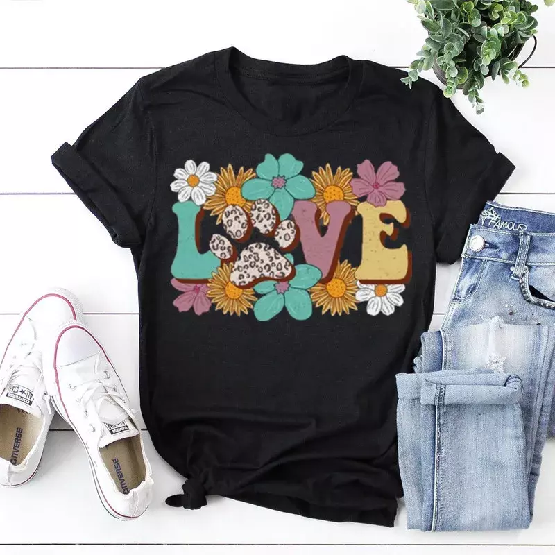 الحب الأزهار ليوبارد طباعة قميص ، أكمام قصيرة ، قمم الشارع الشهير ، هدية أمي لأمي الكلب وعشيق ، أزياء القطن ، Y2k