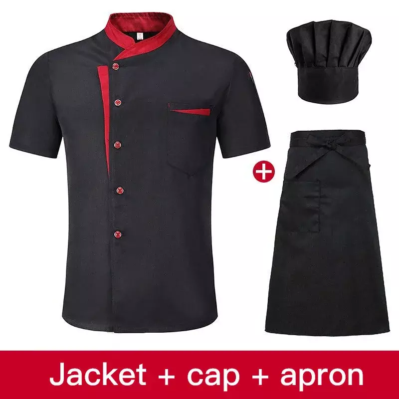 ชุดเสื้อแจ็กเก็ตสำหรับเชฟแขนสั้นชุดทำครัวของโรงแรมชุดทำอาหารในร้านอาหารเสื้อ + หมวก + ผ้ากันเปื้อน