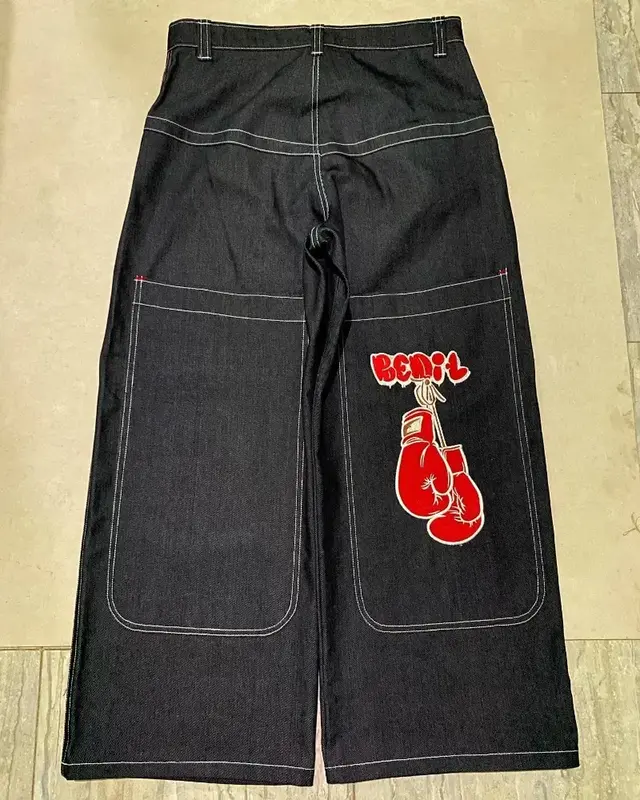 2024 nowy Y2K HipHop luźne jeansy wysokiej jakości haftowane plemienne dżinsy gotyckie odzież uliczna czarne spodnie z wysokim stanem szerokie nogawki