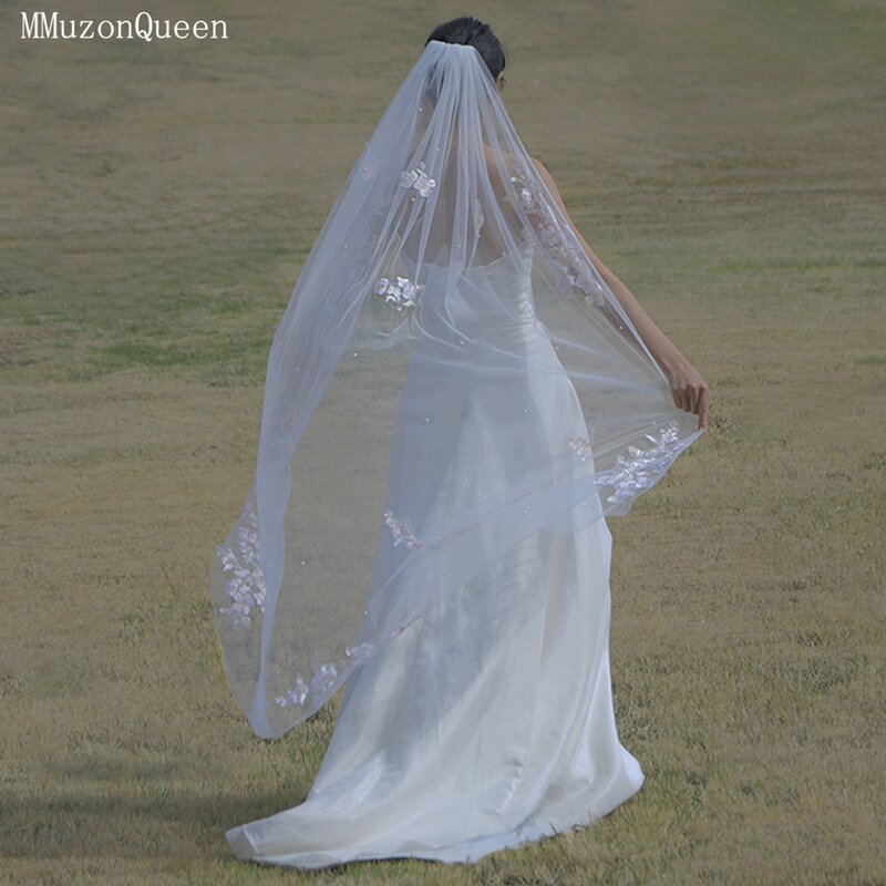 MMQ M113 Embroidery Veil With Pearl Deco Tulle Comb Veil For Bride Wedding Bride Party Accessories velos de novia lujo 2024