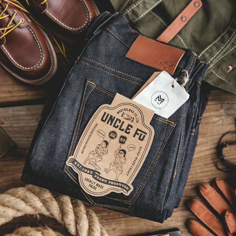 Maden Jeans Denim reguler Retro untuk pria, celana Denim mentah 13.8oz Vintage Amekaji warna dalam kualitas berat