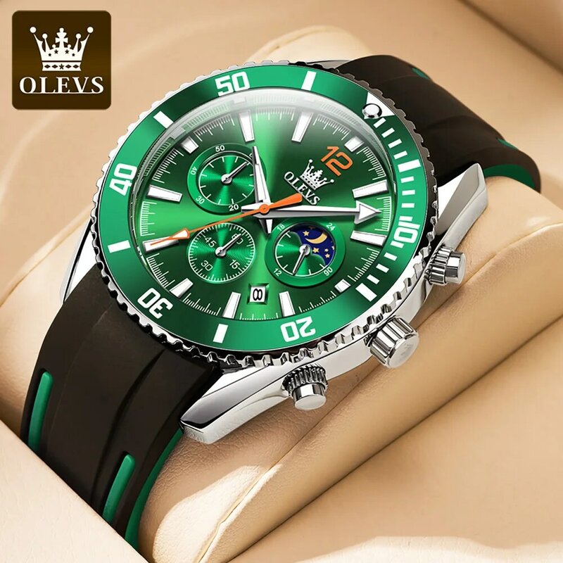 OLEVS modny zegarek kwarcowy dla mężczyzn sportowy pasek silikonowy zegarki męskie duża tarcza faza księżyca wodoodporny świecący zegarek na rękę Reloj